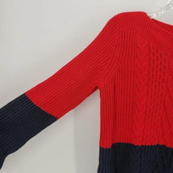 TOMMY HILF. Cate Boat Neck Red Navy Color Block Cable Knit Sweater S - Picture 6 of 10